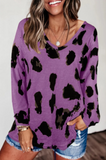 Casual Leopard Print Long Sleeve V-Neck Loose Fitting Shirt